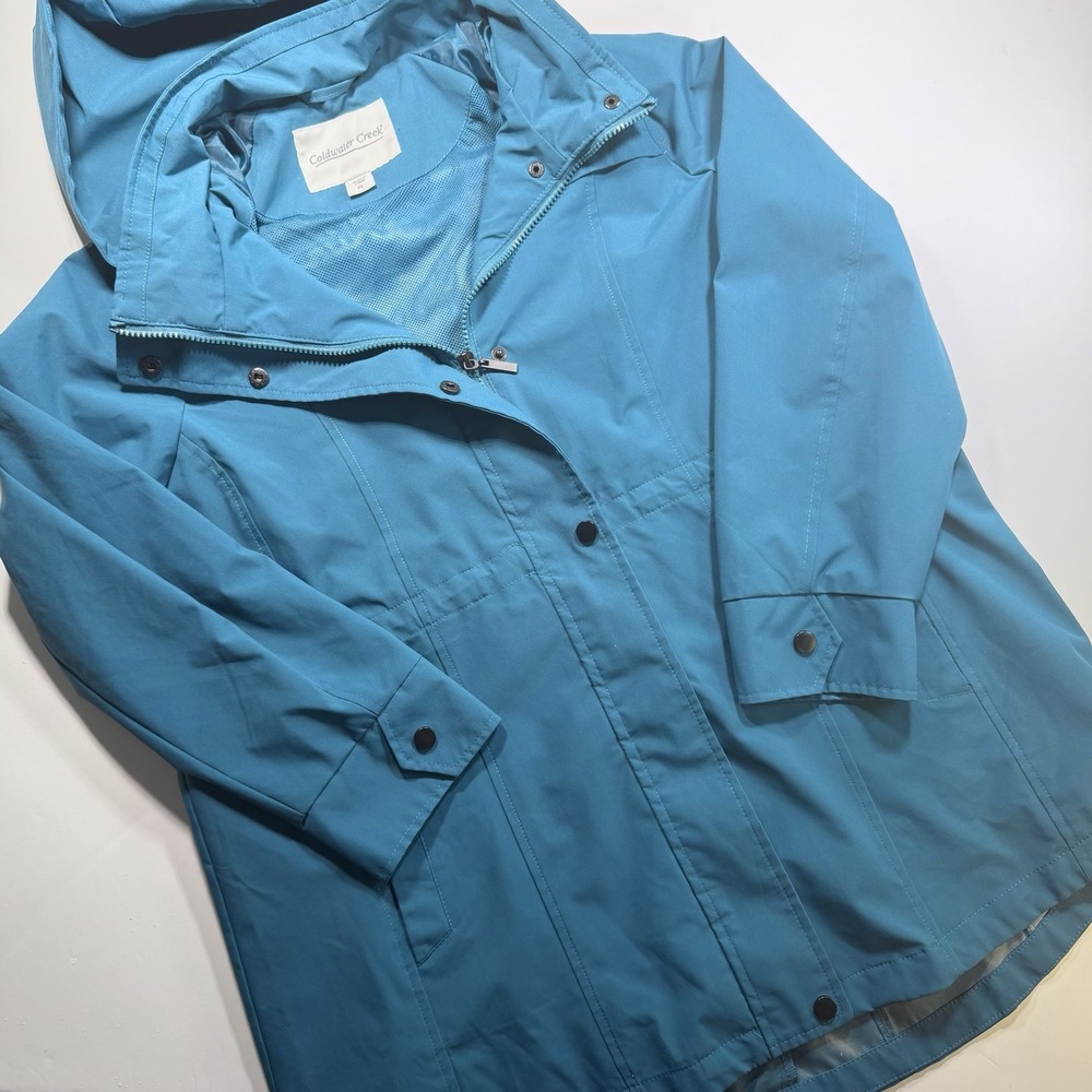 Coldwater Creek PL Turquoise Blue Rain Jacket Full Zip Snap Hood